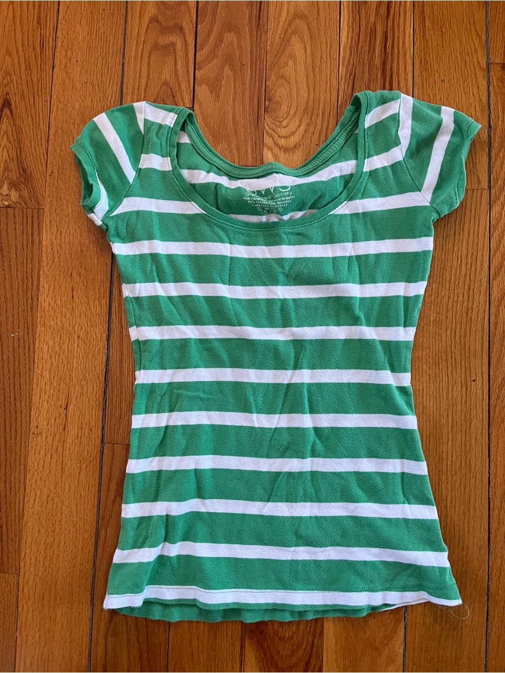 Striped Green and White Scoop Neck Short Sleeve Tee